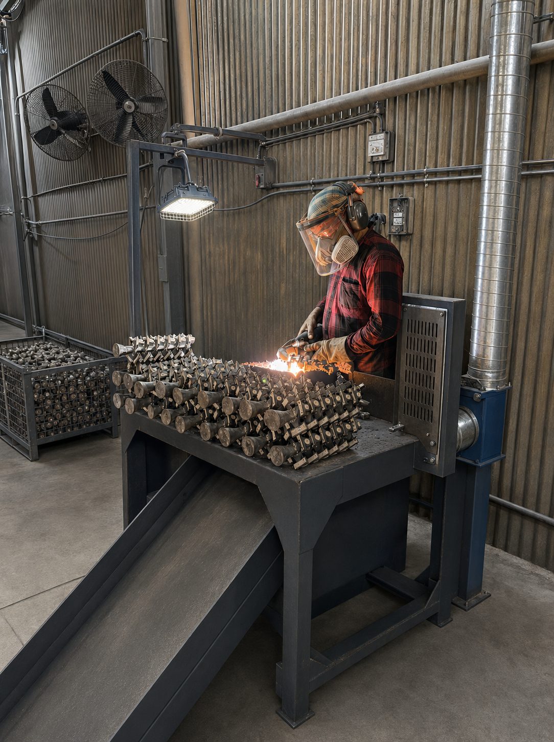 Castings being cut from runner trees at the cut-off station
