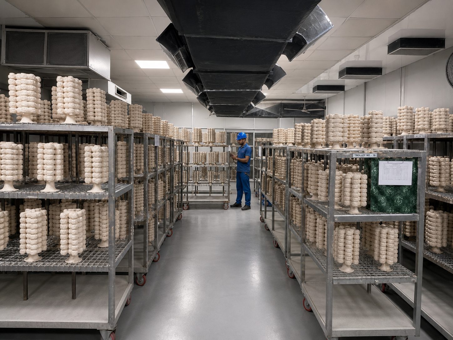 Ceramic shell moulds drying in the climate-controlled shell room